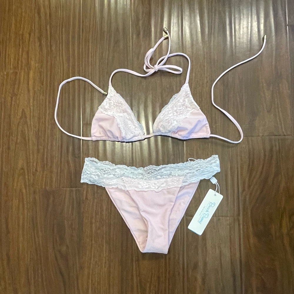 Pink and White Lace Bikini Set